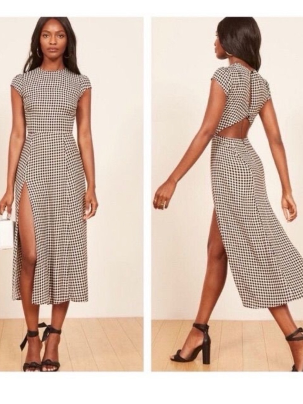 Reformation Black & White Gingham Cutout Midi Dress